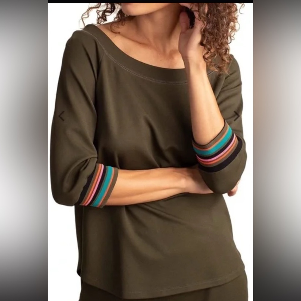TRINA TURK NWT S Olive Livia Boat Neck Top w multicolored striped sleeves